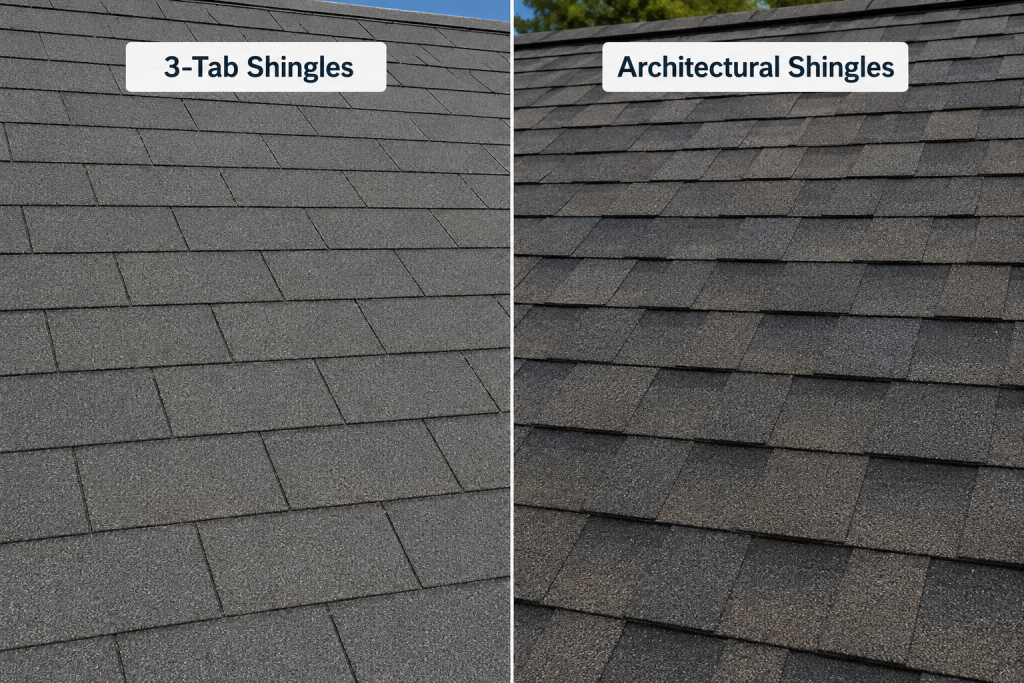 Side-by-side comparison of 3-tab and architectural asphalt shingles on residential roofs.
