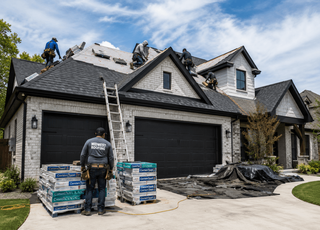 Roofing company replacing a residential roof in Midwest City, Oklahoma.
