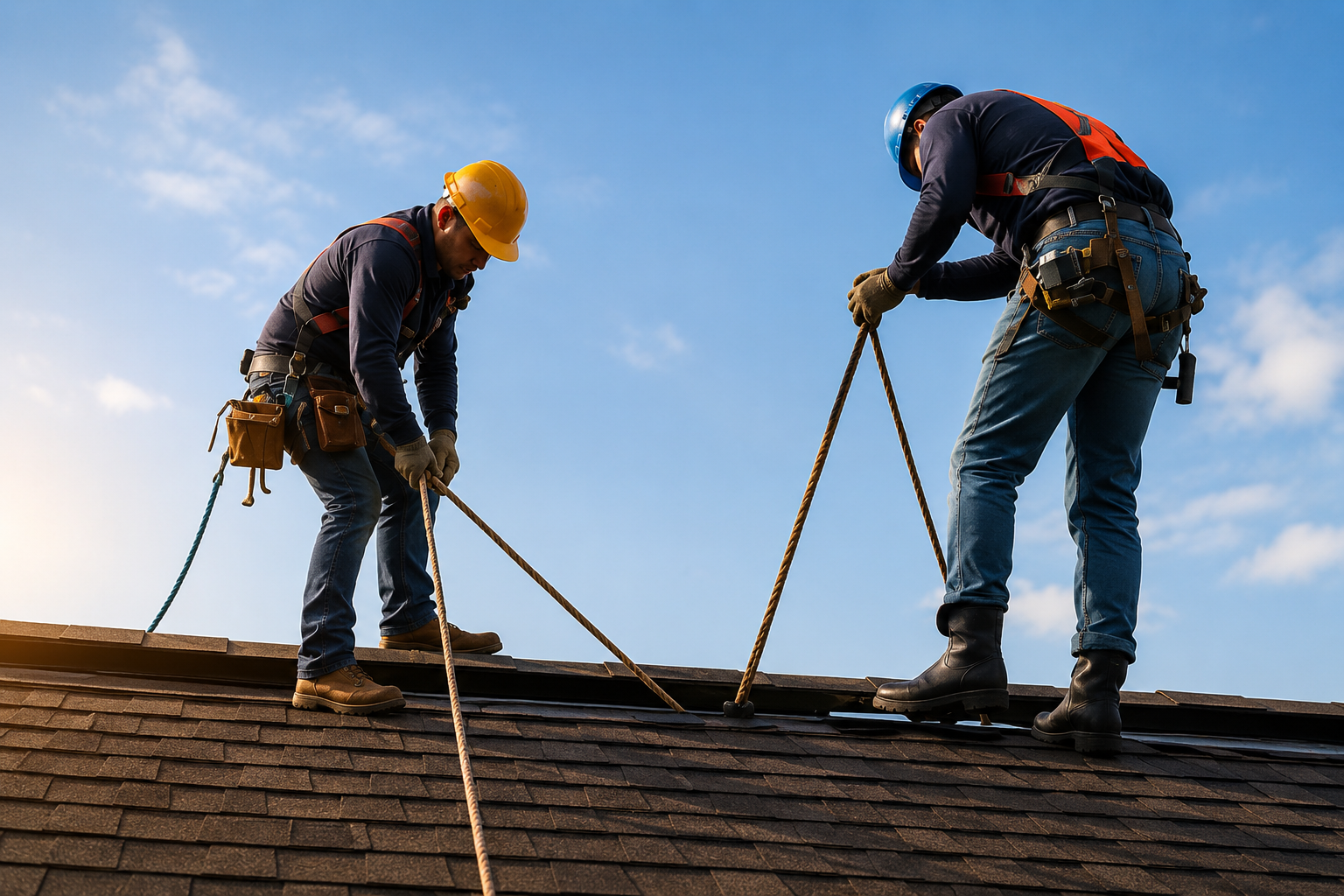 Professional roofing contractors performing residential roof installation in Mustang