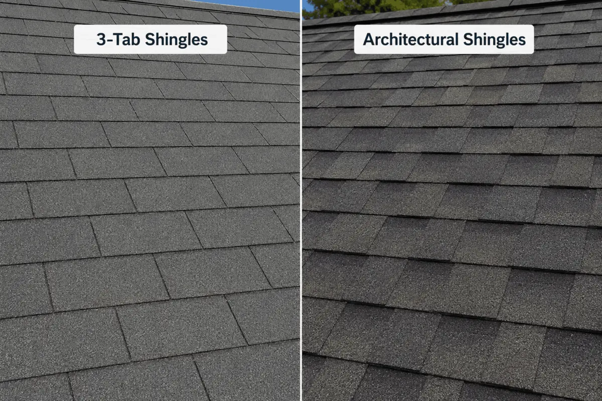 Side-by-side comparison of 3-tab and architectural asphalt shingles on residential roofs.