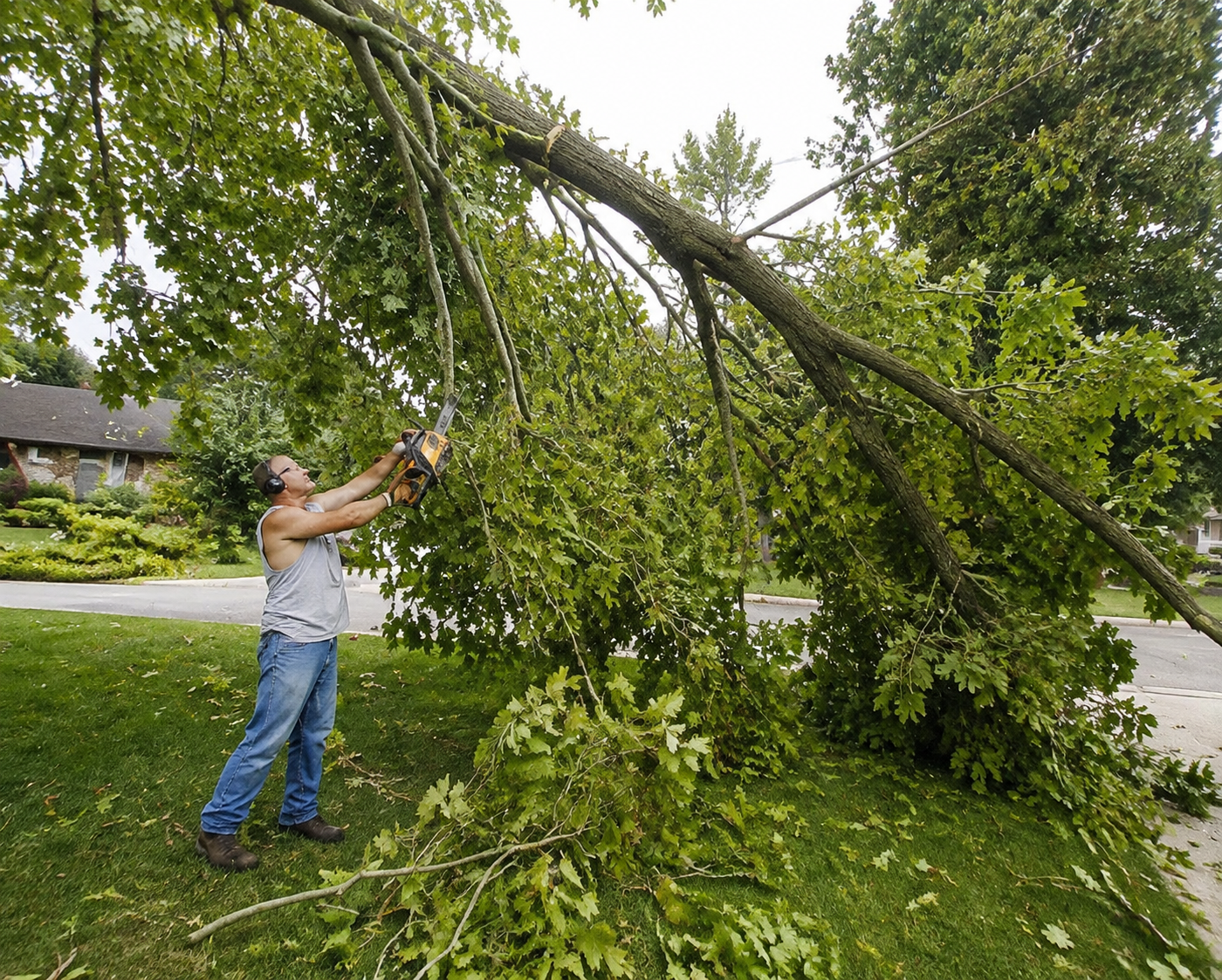 A man wearing safety headphones uses a chainsaw to cut a large fallen tree