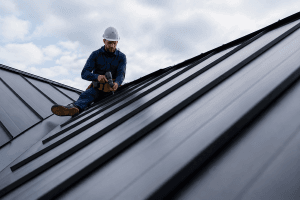 Roofing contractor in dark blue workwear installing a standing seam metal roof with a power drill under a cloudy sky.
