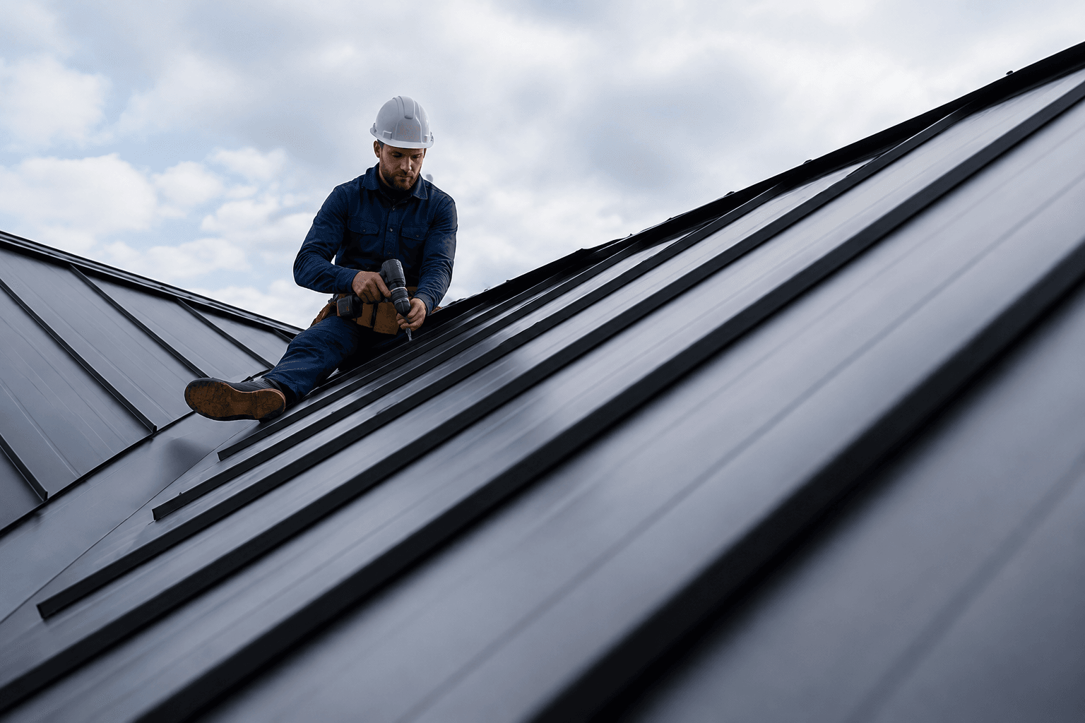 Roofing contractor in dark blue workwear installing a standing seam metal roof with a power drill under a cloudy sky.