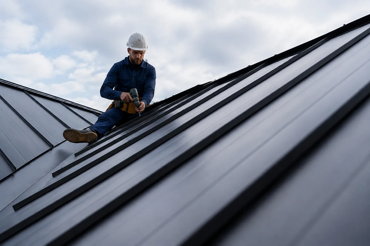 Roofing contractor in dark blue workwear installing a standing seam metal roof with a power drill under a cloudy sky.