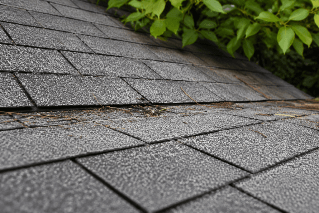 Textured Gray Roof Beneath Green Foliage