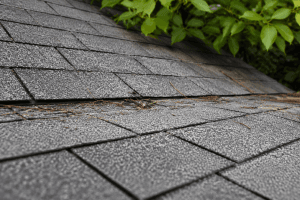 Textured Gray Roof Beneath Green Foliage