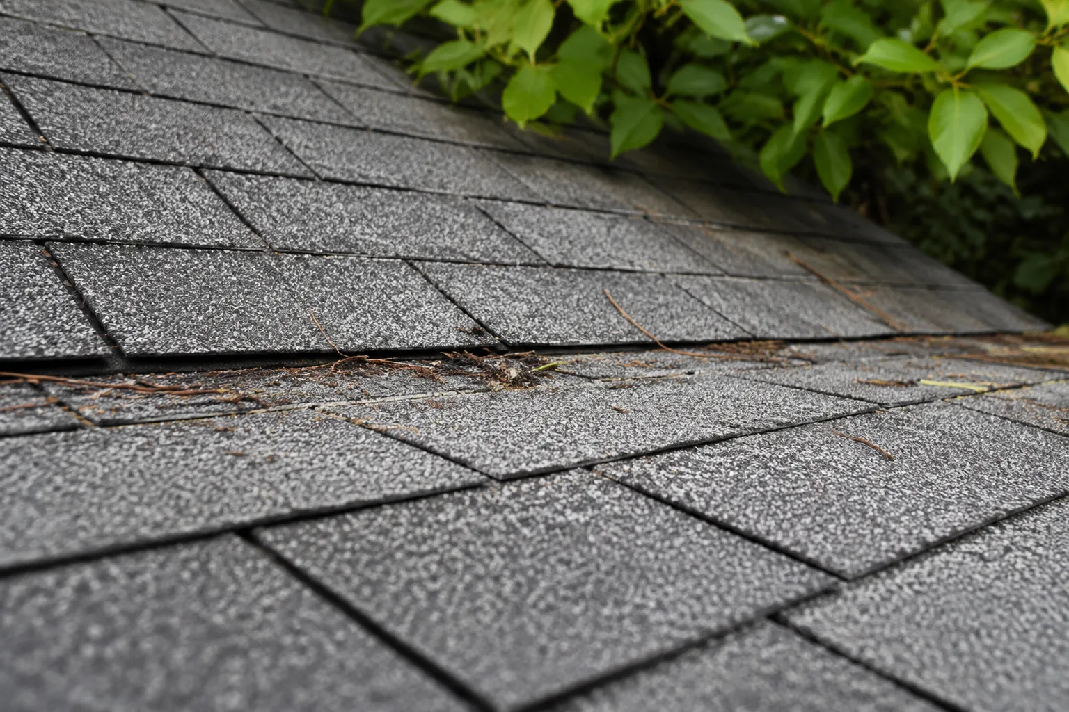 Textured Gray Roof Beneath Green Foliage