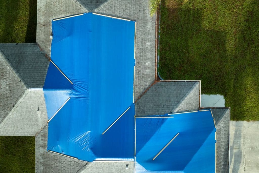 aerial view of blue tarp