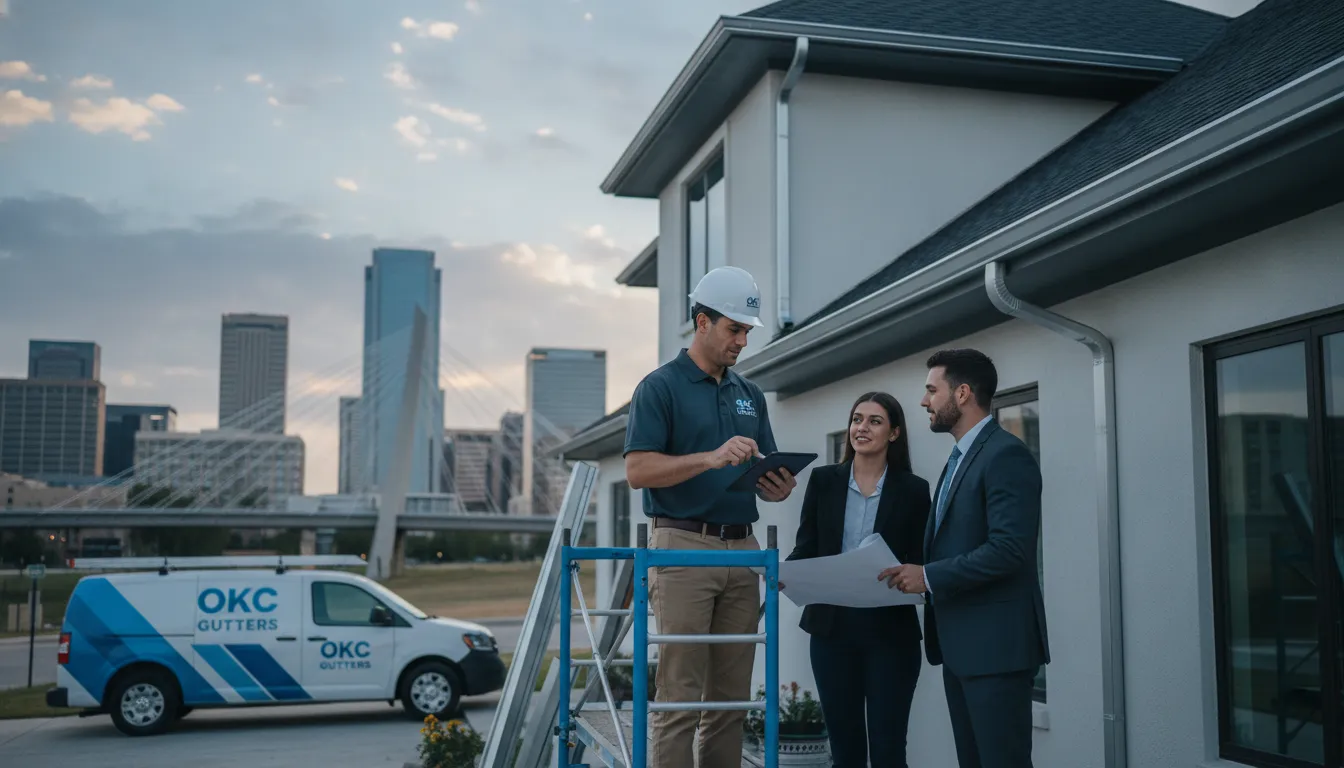 Gutter contractor reviews installation costs with homeowners outside an OKC home.