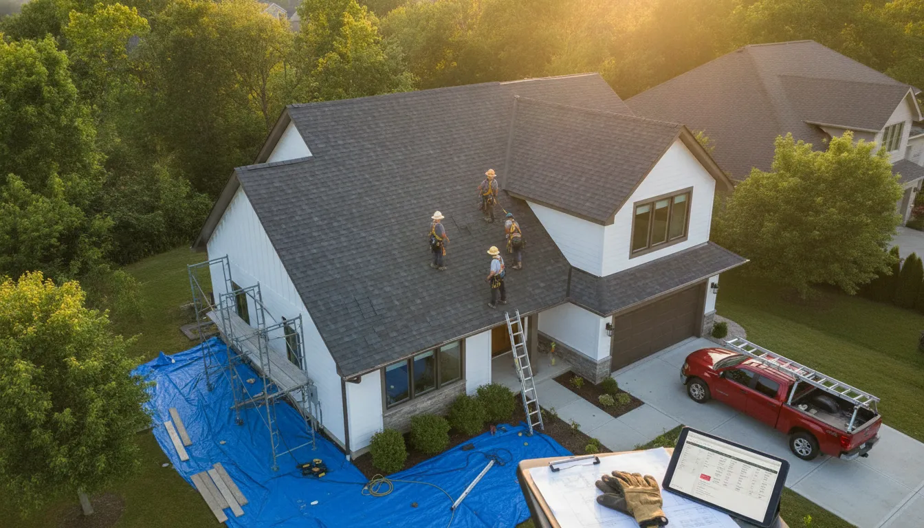 Roofers repairing or replacing a house roof with ladders, tools, and safety equipment.