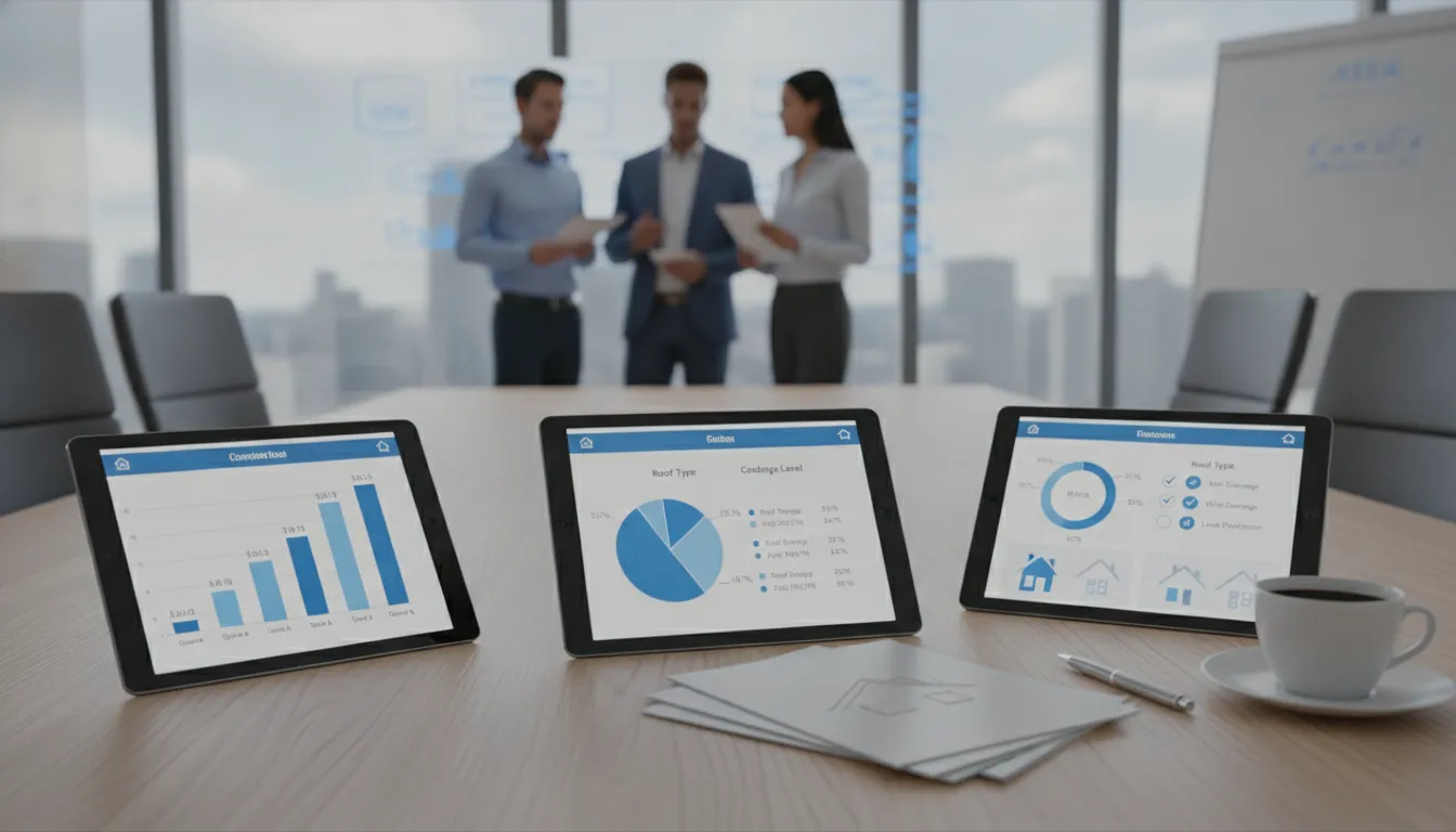 Business professionals review roofing insurance cost charts and coverage data on tablets.